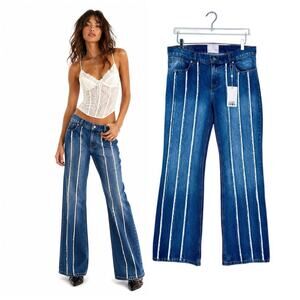 NEW Revice | A-List Low Rise Medium Highlight Wash Wide Leg Frayed Blue Jeans 32